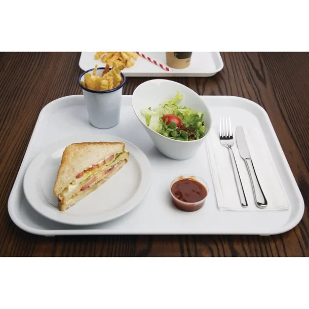 KRD Kristallon Polypropylene Fast Food Tray Small 345mm (coloured) with sandwich, salad, fries, and utensils on wooden table.