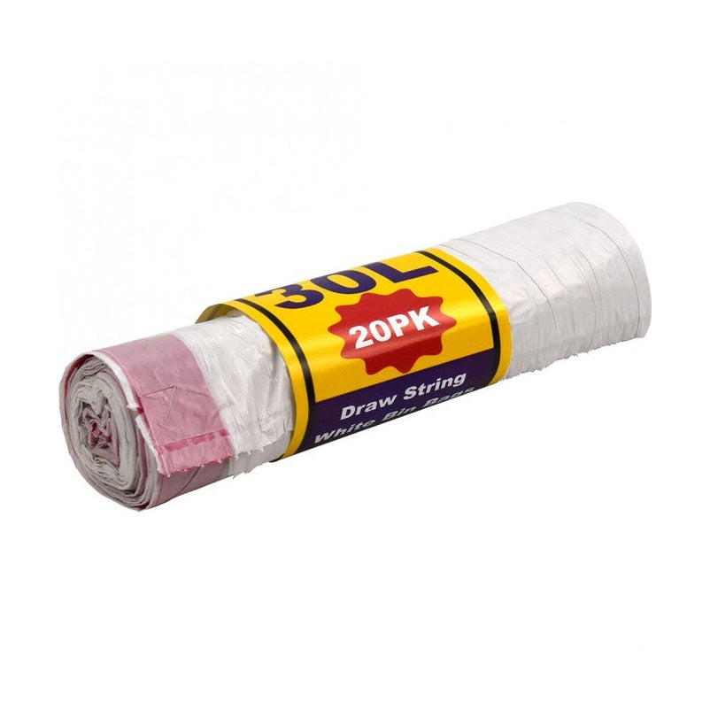 HD White Bin Bags 30L With Draw Strings 20 Pack 45x76cm
