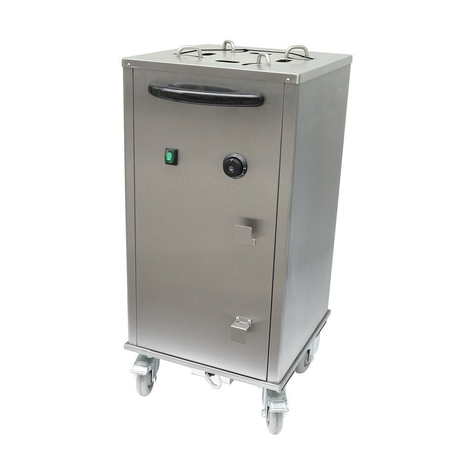 KRD Professional Mobile Heated Plate Lowerator 40 plates Ø300mm PL1C, stainless steel, commercial kitchen equipment on wheels.