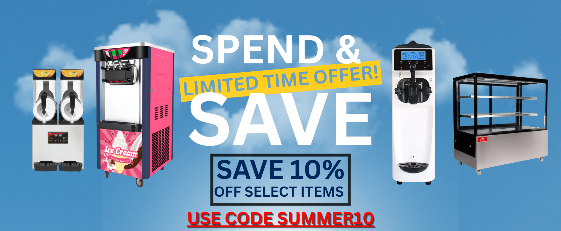 Promotional banner with ice cream vending machines and a limited time offer on a blue background.