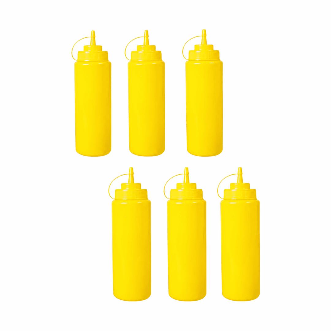 Six yellow condiment bottles