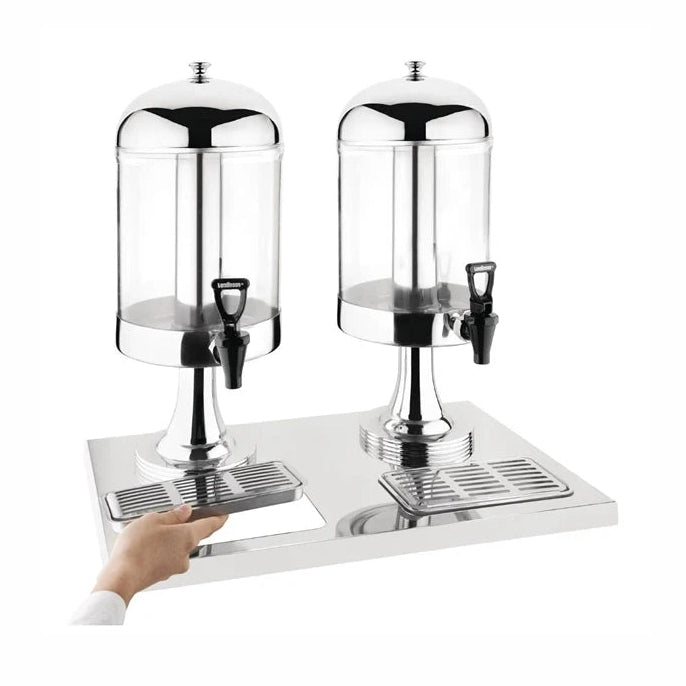 KRD Commercial Juice Dispenser Drip Tray 2 X 8 litres with stainless steel stand and dual drink containers for restaurant use.