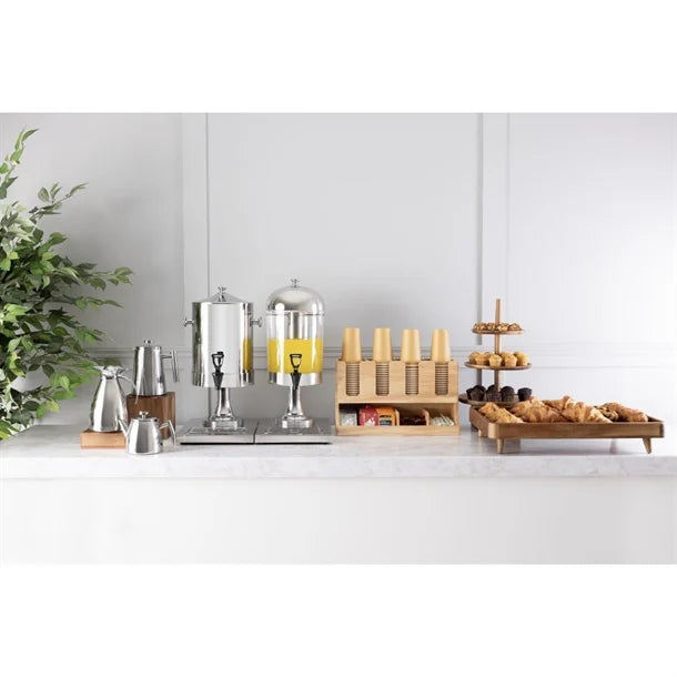 KRD Commercial Juice Dispenser Drip Tray 8 litres showcased on a buffet with stainless steel beverage dispensers and snacks.