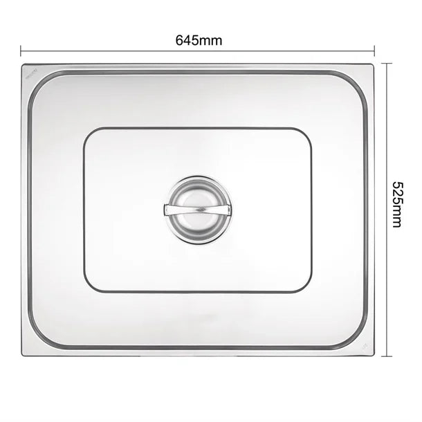 Stainless steel gastronorm lid GN 2/1, dimensions 645mm x 525mm, designed for heat retention and food freshness.