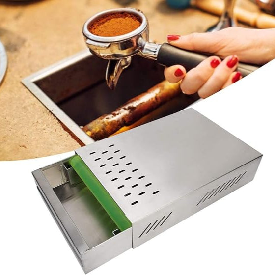KRD Coffee Knock Out Drawer stainless steel drawer set with removable tool for espresso grounds storage.