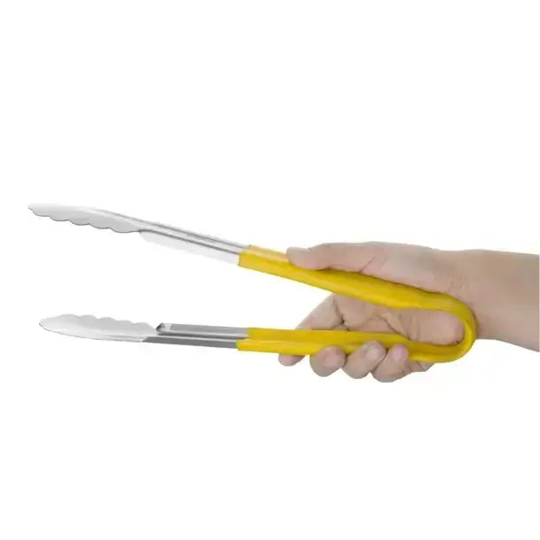KRD Colour Coded Yellow Utility Serving Tongs 300mm 12" held in hand, designed for color-coded kitchen use.