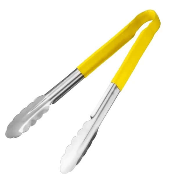 Yellow utility serving tongs 300mm 12 inch stainless steel and plastic handles for color-coded kitchen use.