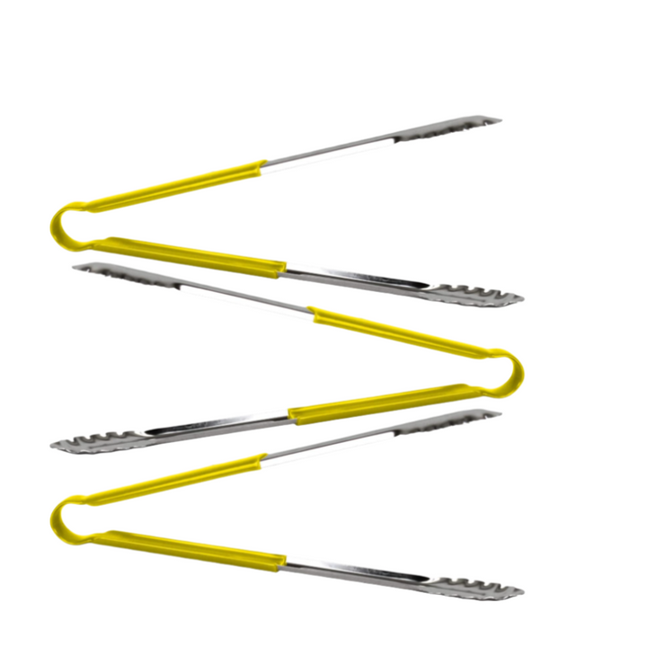 KRD Colour Coded Yellow Utility Serving Tongs clip 300mm 12" - Set of 3, stainless steel with yellow handles for food safety.