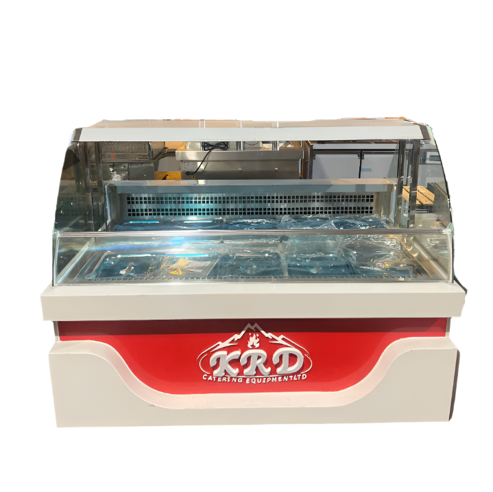 KRD Commercial 1500mm refrigerated salad showcase with curved glass and 10x GN1/2 configuration for delis and cafes.