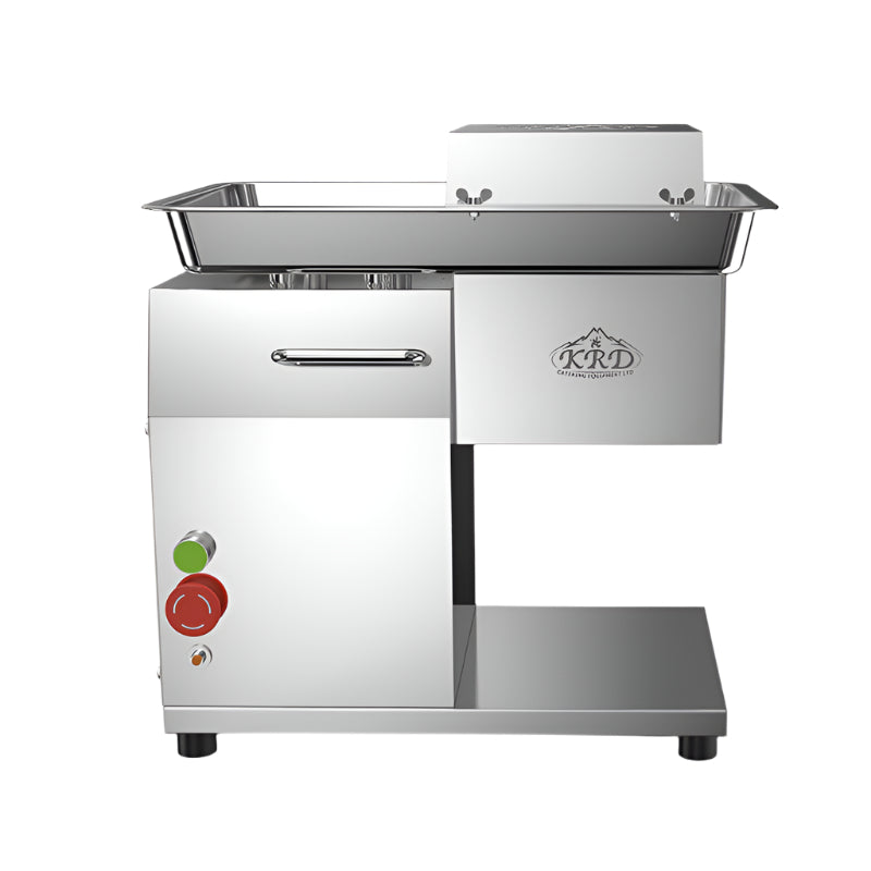 KRD Commercial Meat Slicer, 850W, countertop design, stainless steel construction, efficient for professional kitchens.