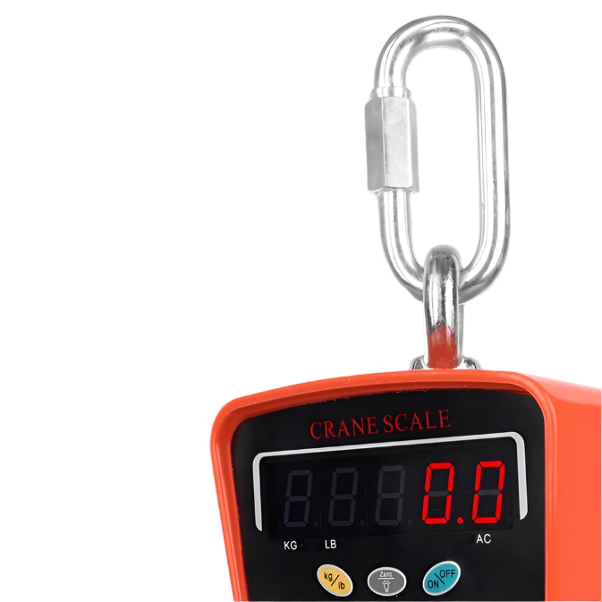 KRD Commercial Crane Scale LCD display with hook and control panel, capacity 500kg, accuracy 200g.