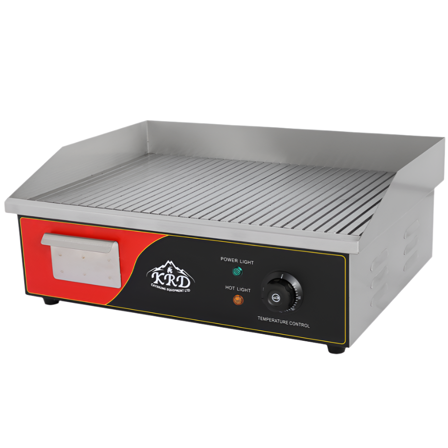 KRD Commercial Griddle Ribbed 550x450x230mm 3kW Electric with temperature control and removable fat collection drawer.