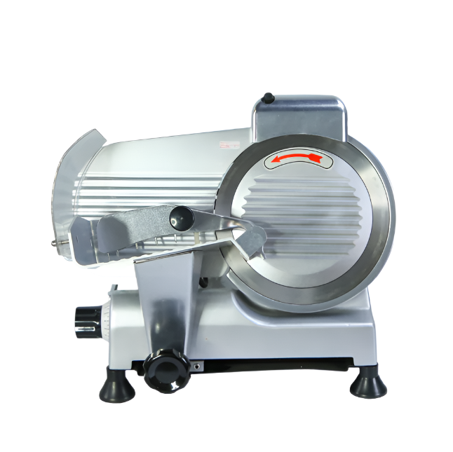 KRD Commercial Meat Slicer B200B4, 200mm diameter knife, anodized aluminum, 210W, countertop design.
