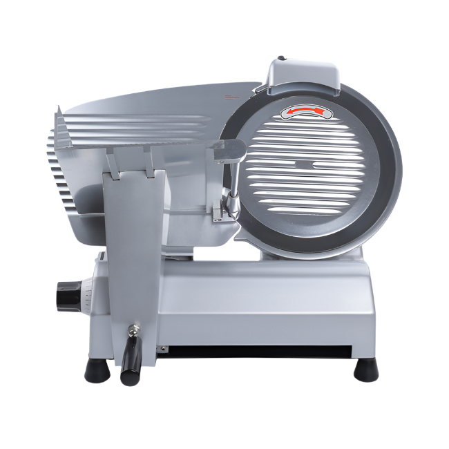 KRD commercial meat slicer B300B4 side view, 300mm cutting knife, aluminum body, countertop model, easy to clean.
