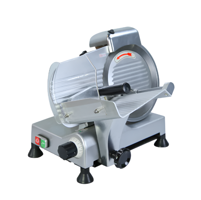KRD Commercial Meat Slicer B200B4 with 200mm knife, 210W power, anodized aluminum finish, countertop design.