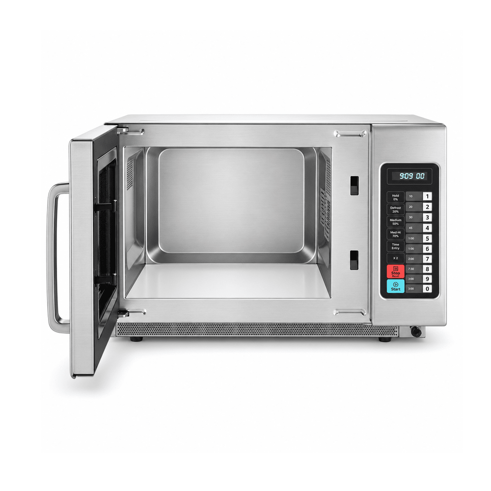 KRD DMD180 commercial microwave with door open showing its 34 litre cavity
