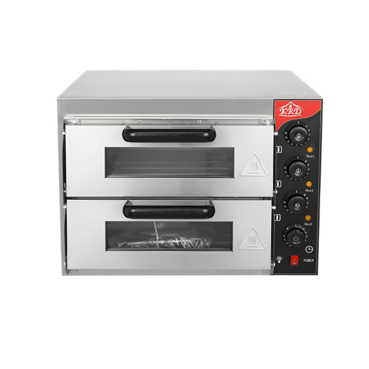 KRD double deck electric pizza oven with timer, 16" countertop, two cooking chambers, model CG2S.