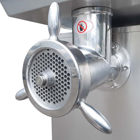 KRD TK52 meat mincer meat grinding head with stainless steel construction and safety warning.