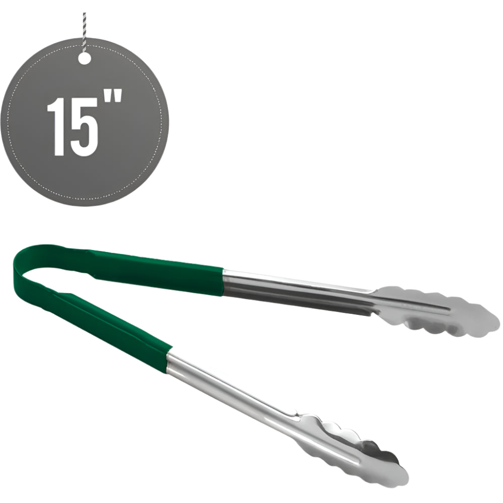 KRD Utility Serving Tongs 15 inch with green handle, stainless steel material for kitchen use.