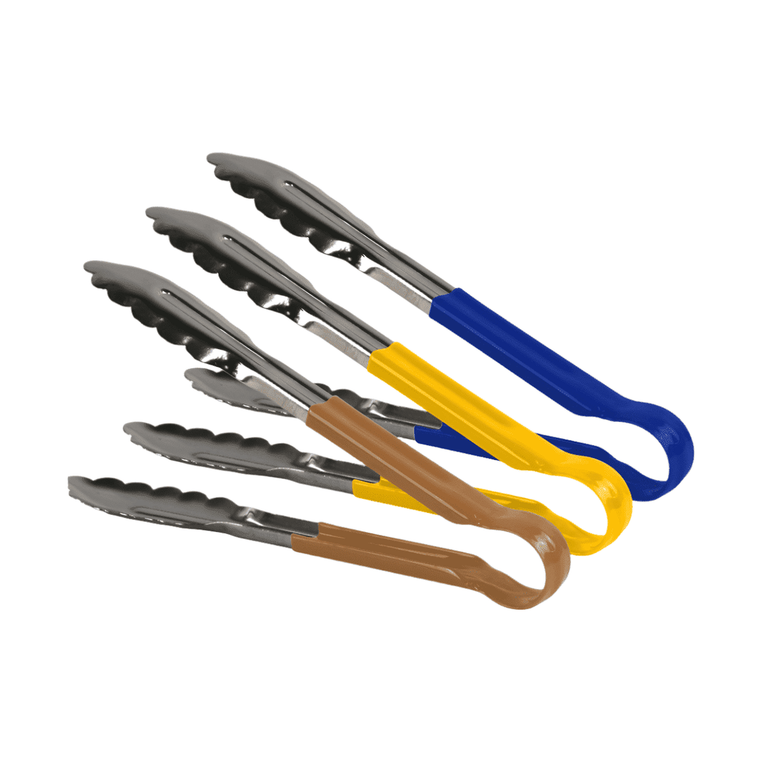 KRD Utility Serving Tongs clip 9" Brown, Yellow, Blue, 3x 9&