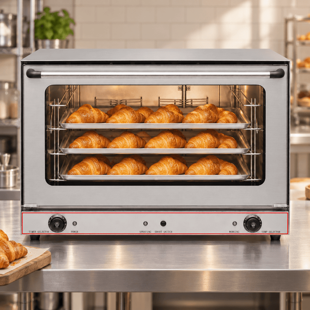 KRD YSD8A convection oven shown with croissants in a bakery setting