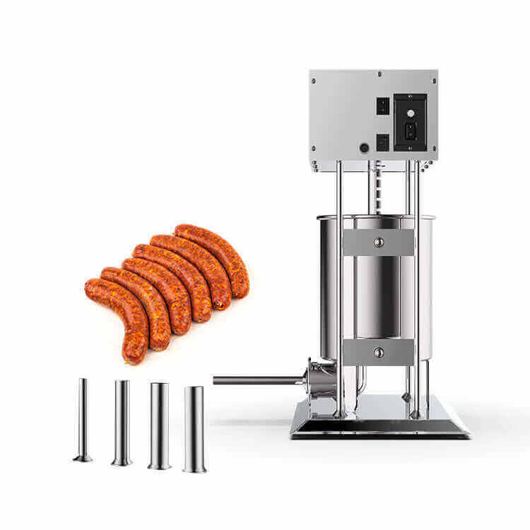 KRD Electric sausage stuffer HR30L with sausage links and stainless steel tubes, 30L capacity, 350W power.
