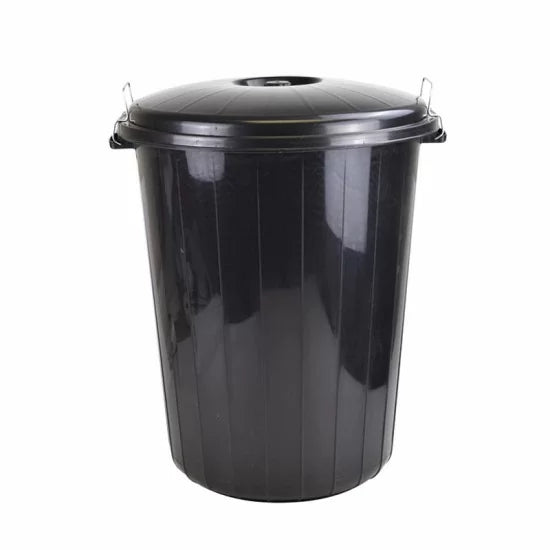 50L black plastic rubbish bin with locking lid, perfect for pet food and general waste storage.