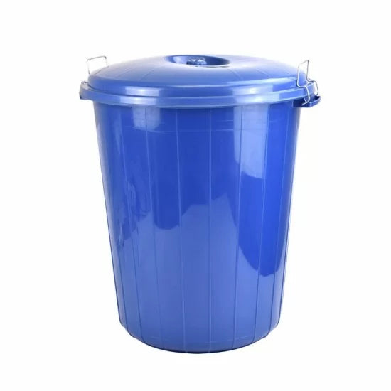 Large 50L blue locking lid bin made from recycled plastic, ideal for rubbish and food storage.