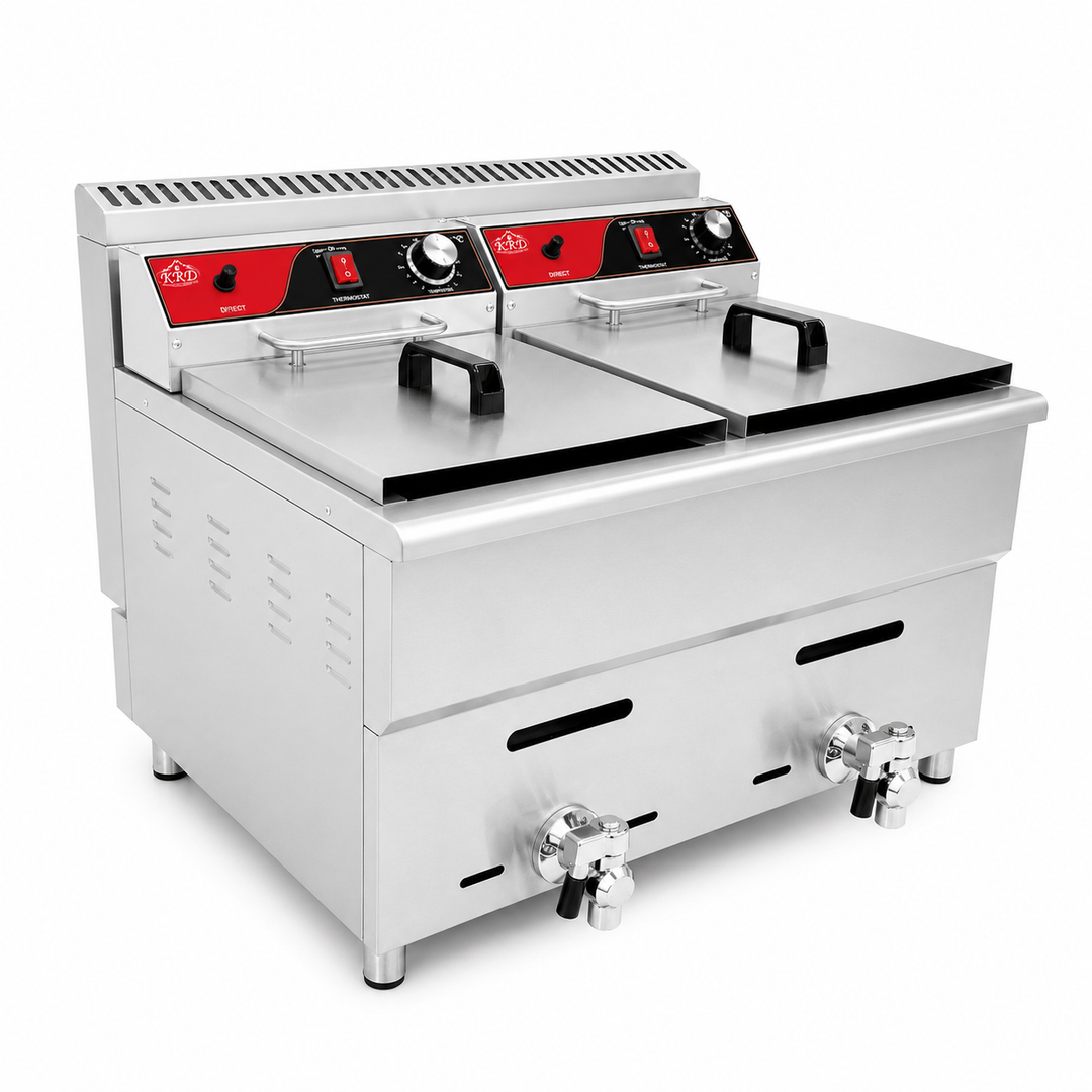 A commercial double deep fryer in stainless steel with red and black control panels, two lids, and drain valves at the bottom, shown on a white background.