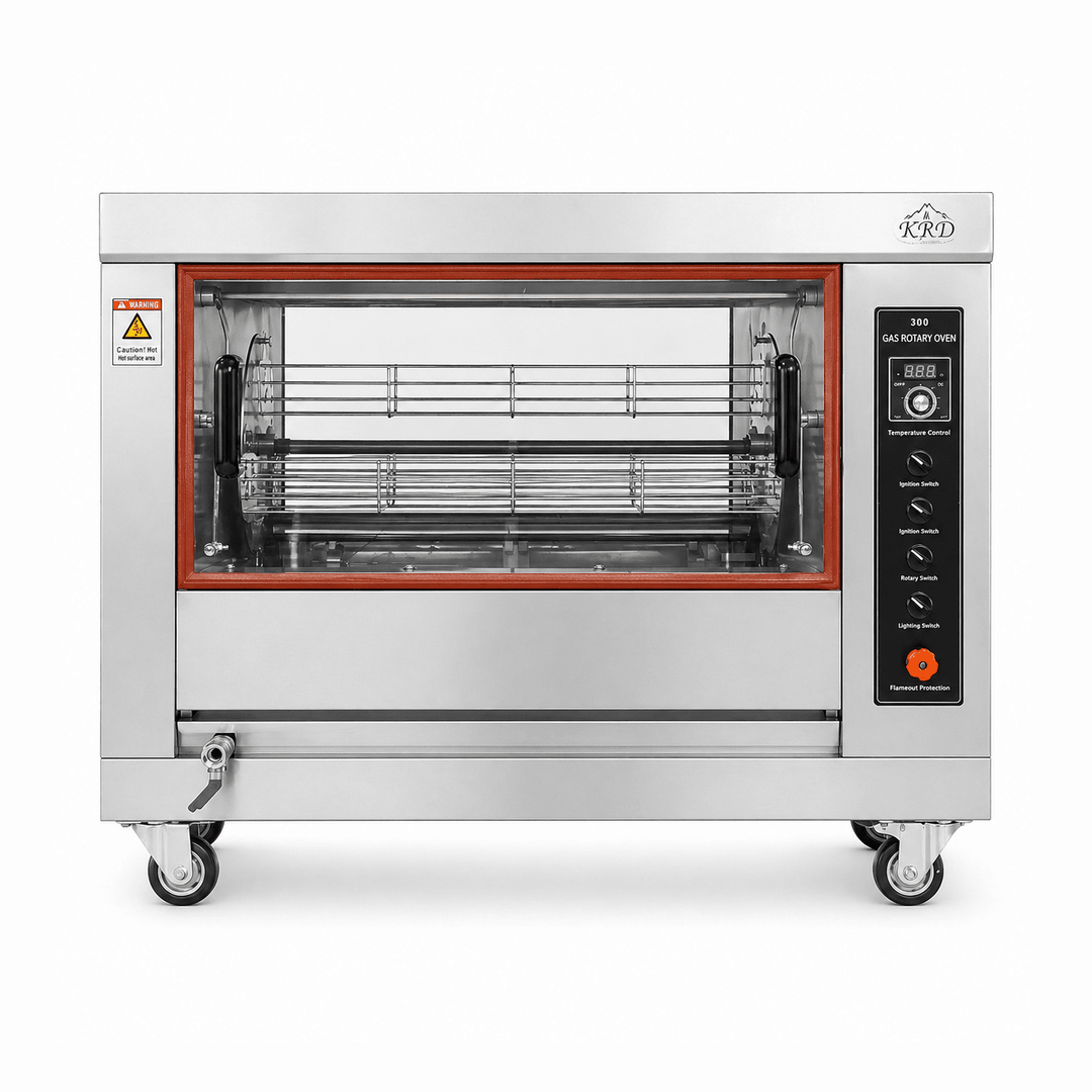 KRD Commercial Digital Gas Chicken Rotisserie Oven 4 baskets 12-16 chickens Countertop CY368 with stainless steel finish and glass door.