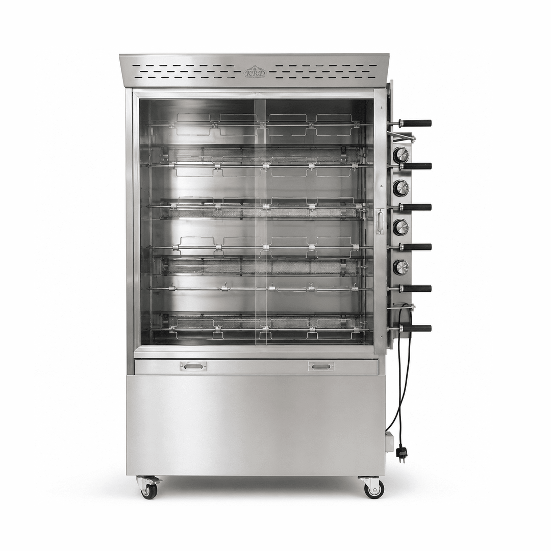 Stainless steel rotisserie oven on a white background
