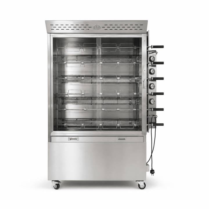 Stainless steel rotisserie oven on a white background