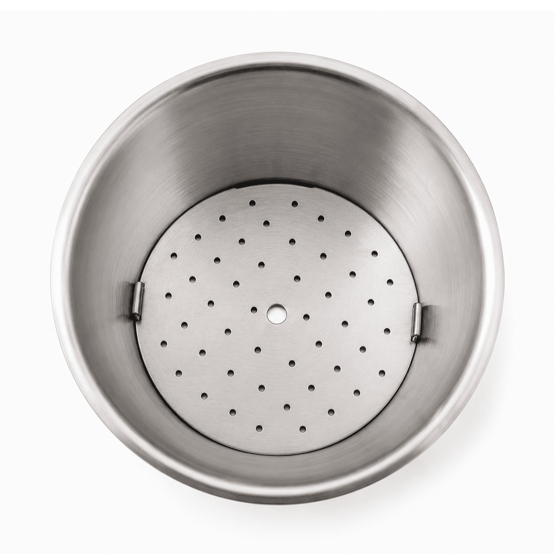 Top-down view of a stainless steel pot insert featuring a perforated circular plate secured by two small side clips inside a larger round pot base.