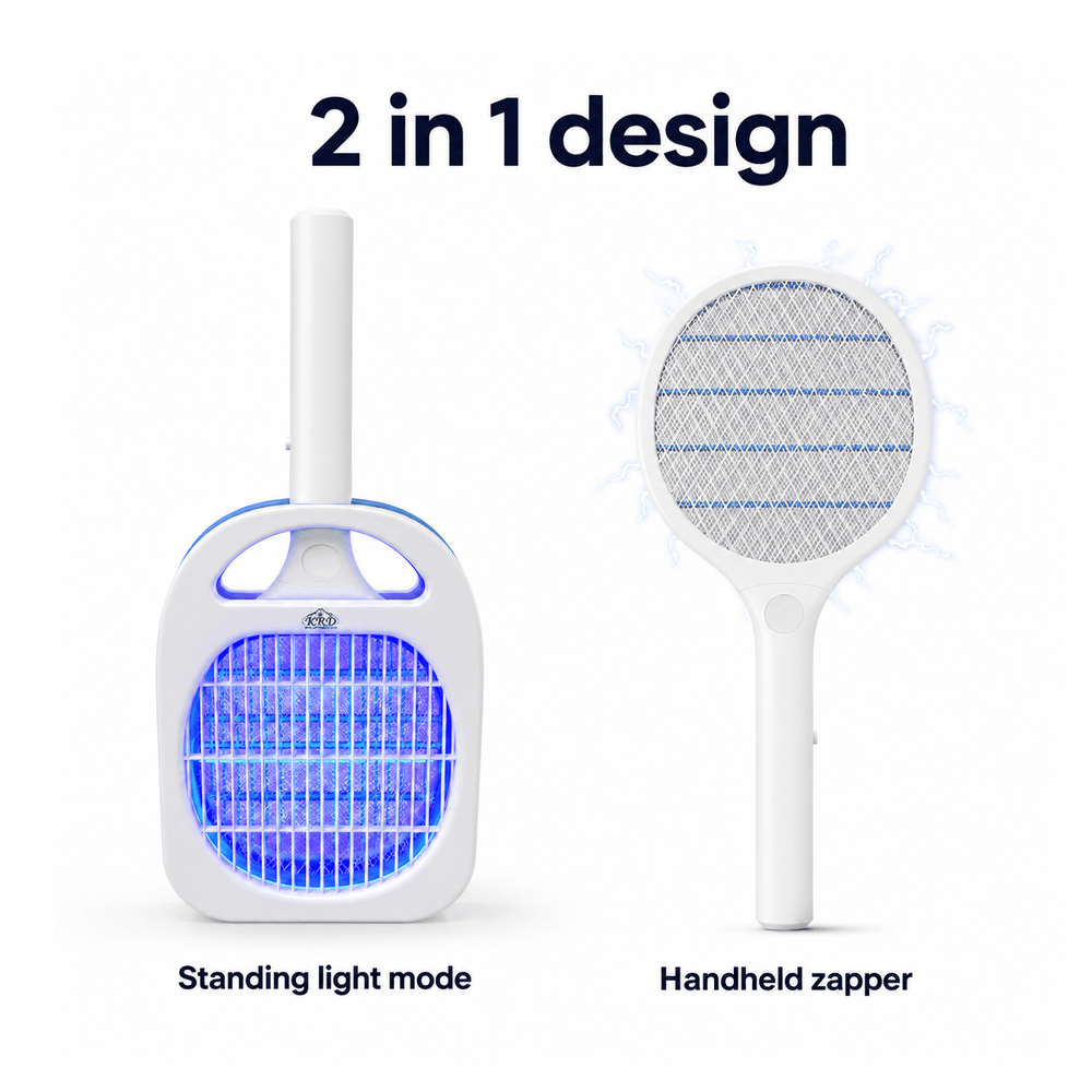 2-in-1 electronic device with standing light mode and handheld zapper on a white background