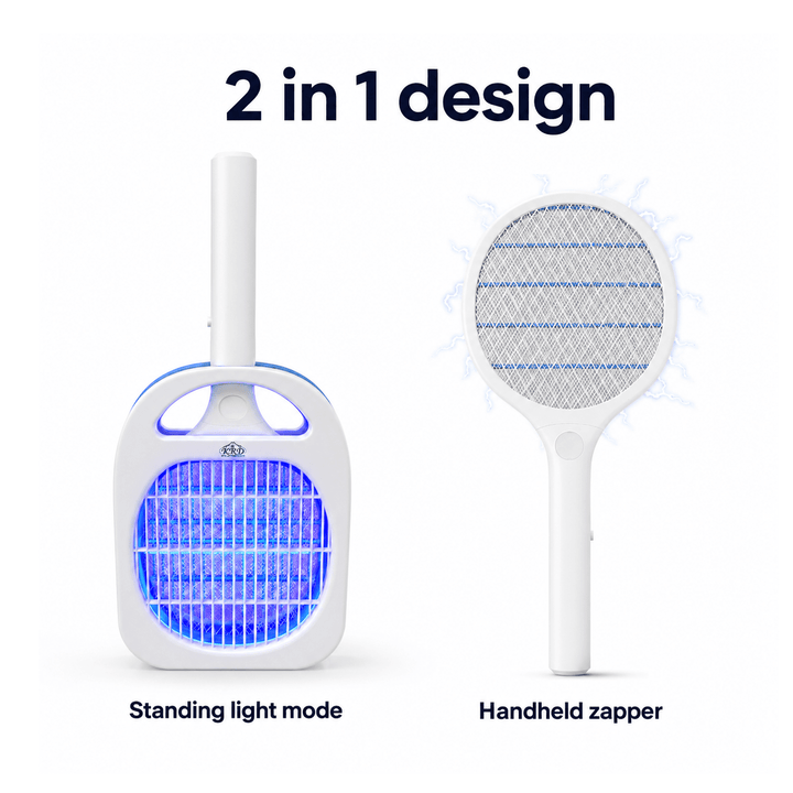 2-in-1 electronic device with standing light mode and handheld zapper on a white background