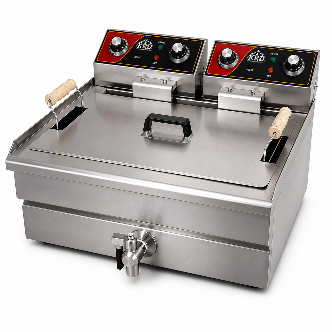 KRD Commercial Fryer Single Tank Dual Zone Electric 14 litre 5kW Countertop Drain tap
