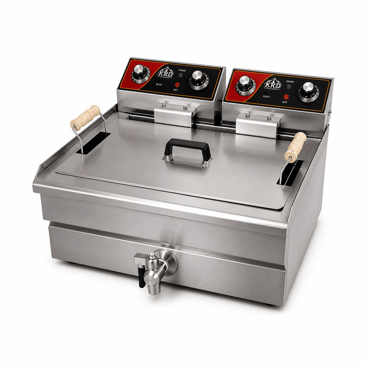 KRD Commercial Fryer Single Tank Dual Zone Electric 14 litre 5kW Countertop Drain tap