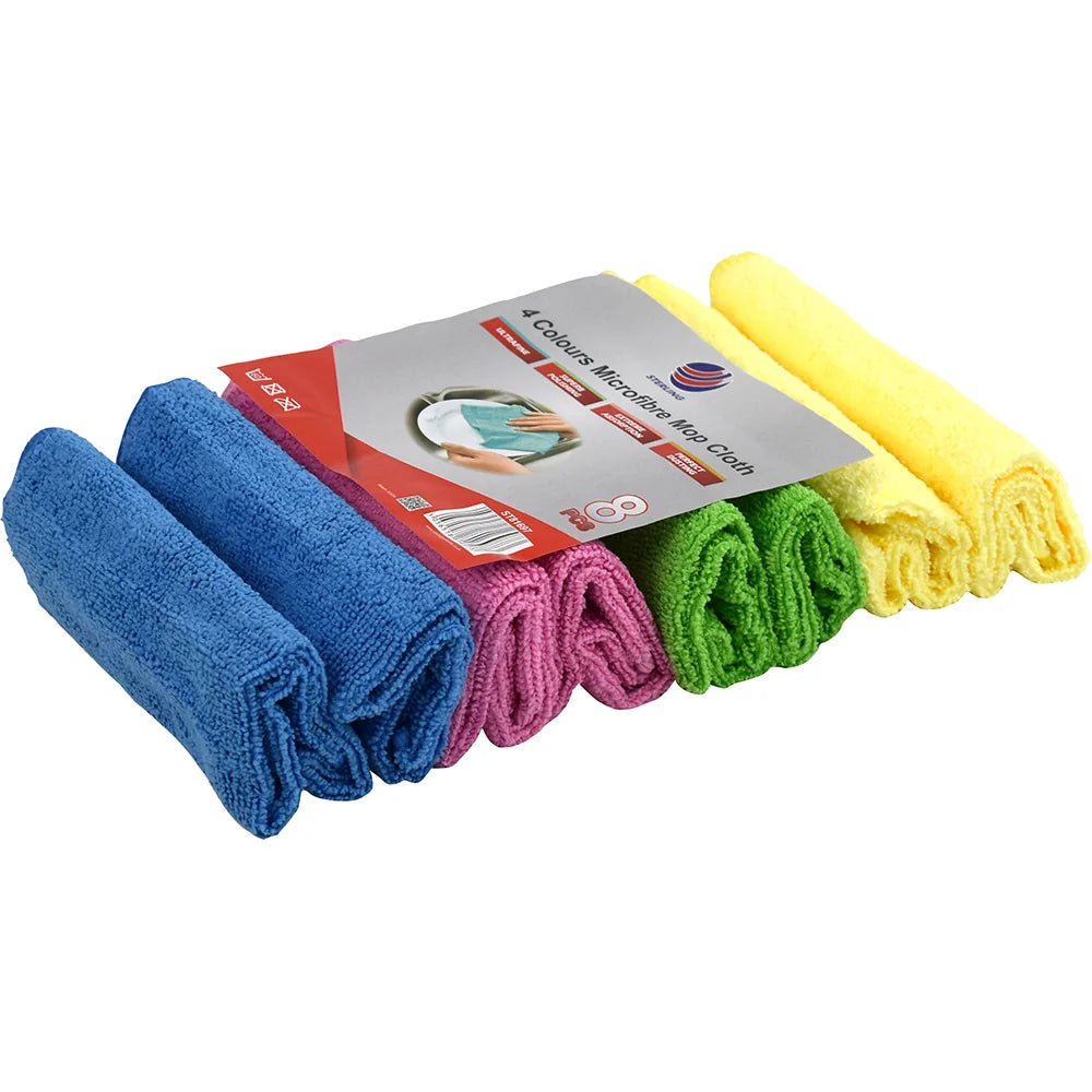 Micro Fibre Mop Cloth 8 Pack with assorted colors: blue, green, pink, yellow, dimensions 30 cm x 30 cm.