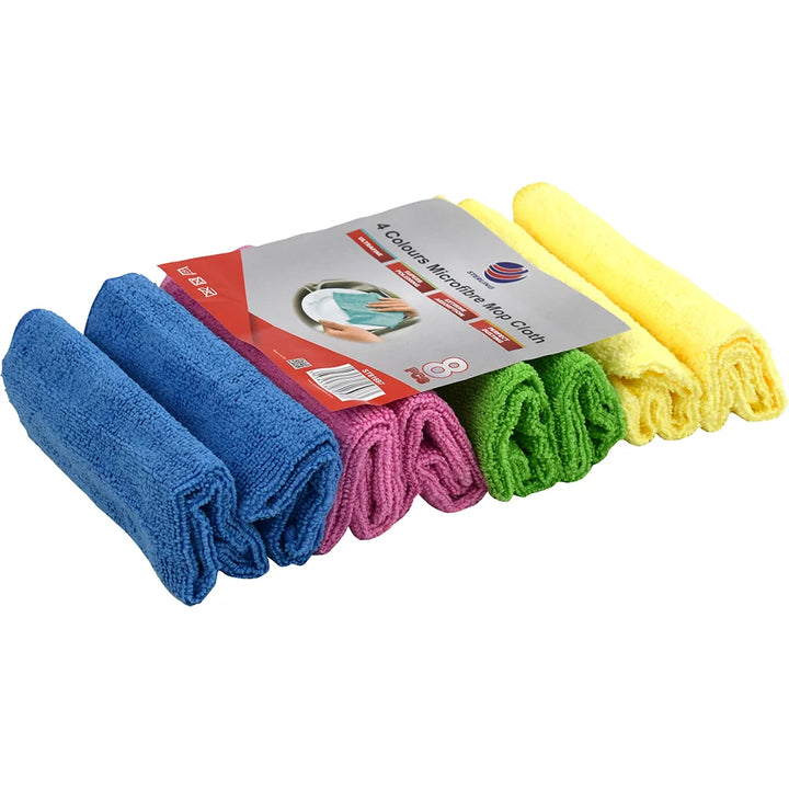 Micro Fibre Mop Cloth 8 Pack with assorted colors: blue, green, pink, yellow, dimensions 30 cm x 30 cm.