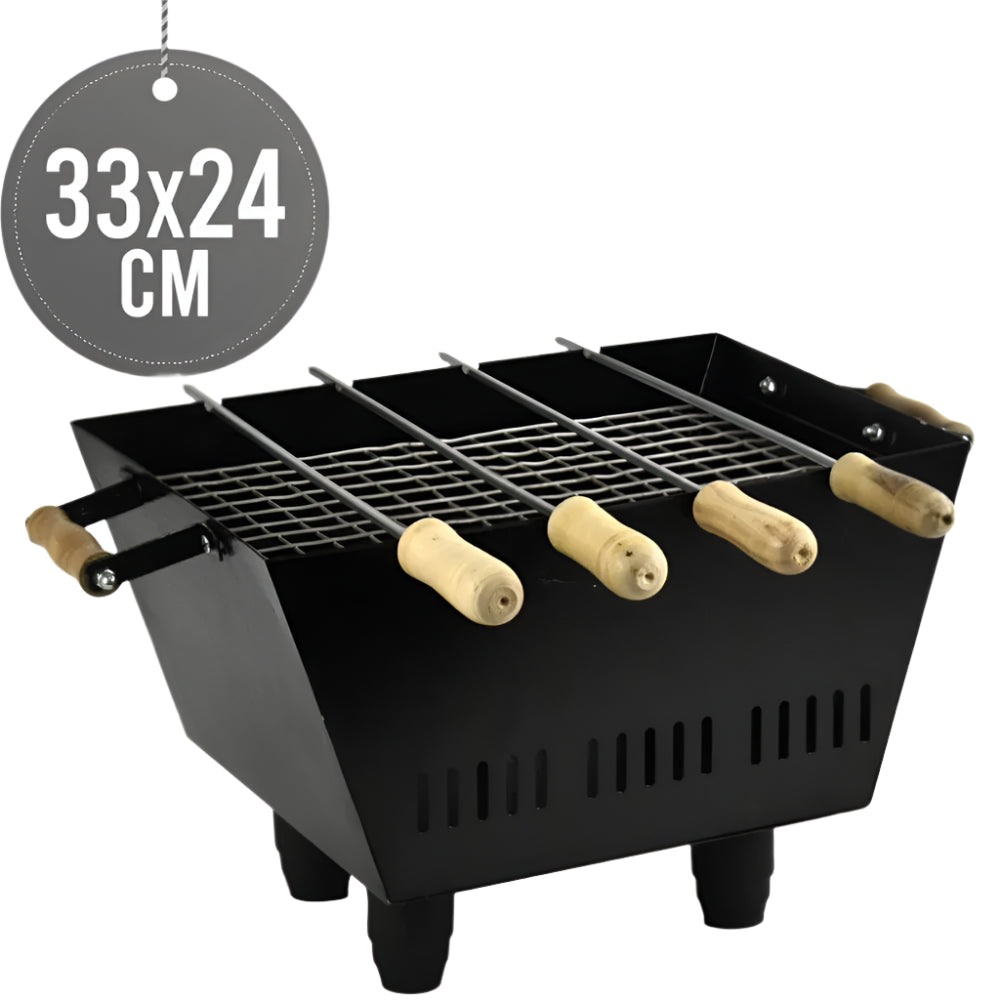 Mini 33cm portable barbecue grill with wooden handles, black steel construction, includes four skewers, size 33x24 cm.