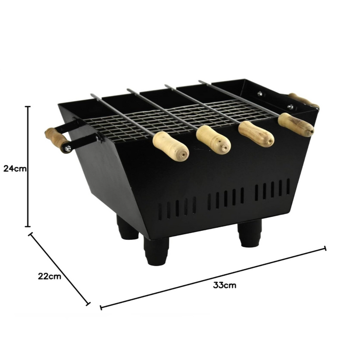 Mini portable barbecue grill 33cm with wooden handles, steel construction, ideal for camping and outdoor use.
