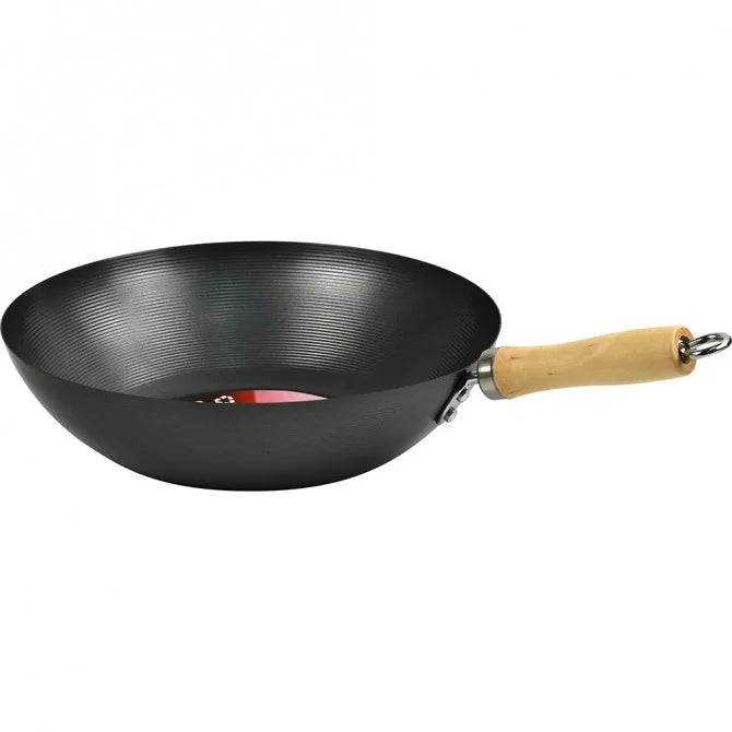 Non Stick Carbon Steel Wok With Long Wooden Handle 30cm