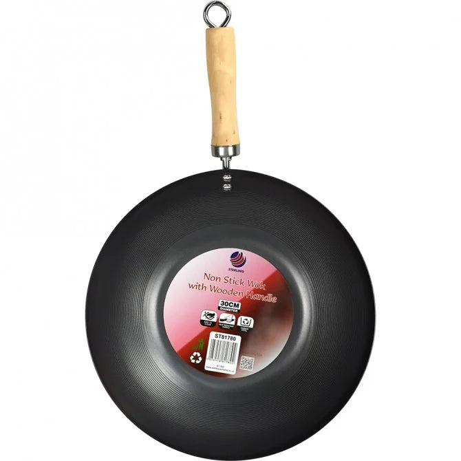 Non Stick Carbon Steel Wok With Long Wooden Handle 30cm