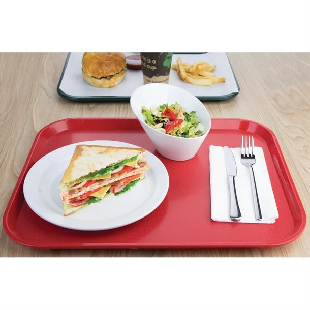 KRD Kristallon Polypropylene Fast Food Tray Small 345mm (coloured) featuring a sandwich, salad, and cutlery for easy dining.