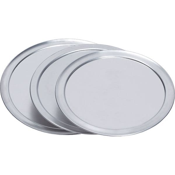 Set of three 8 inch aluminium pizza pans with lock lids for secure storage.