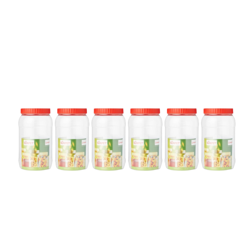 Pack of 6 transparent 2L plastic food storage jars with red lids, suitable for various culinary storage needs.