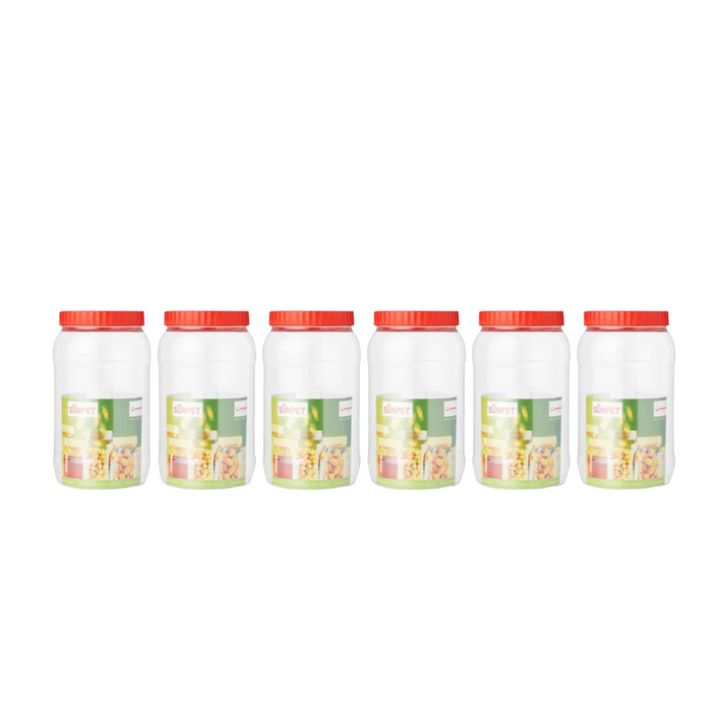 Pack of 6 transparent 2L plastic food storage jars with red lids, suitable for various culinary storage needs.