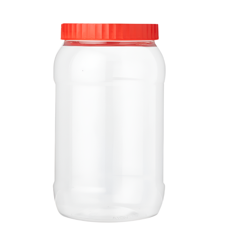 Plastic food storage jar with red lid, 2L capacity, made from transparent PET material, suitable for various storage needs.