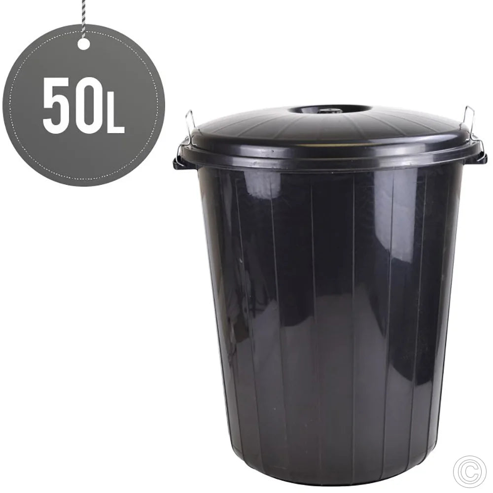 50L black plastic rubbish bin with a locking lid, ideal for secure storage of waste and pet food.