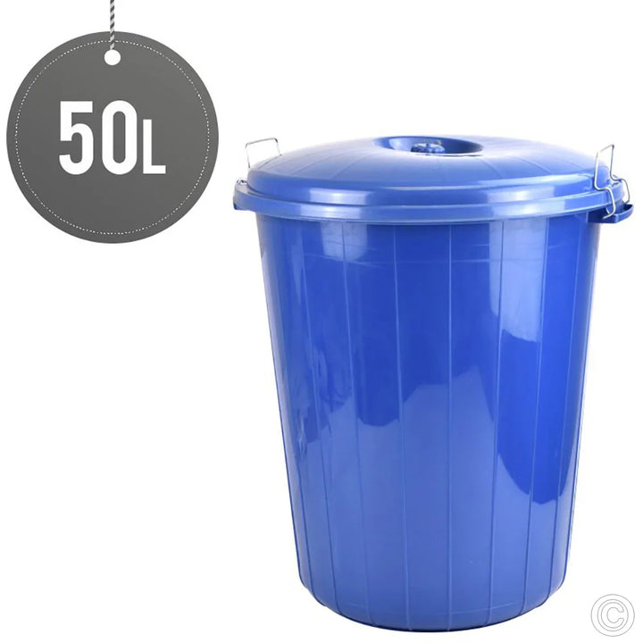 Large 50L blue plastic bin with locking lid, ideal for rubbish and pet food storage, featuring metal locks and handles.